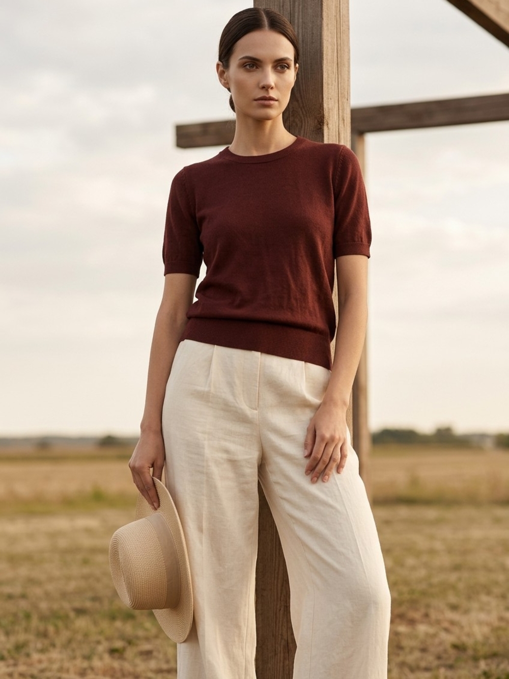 Zara Brown Short-Sleeve Stretch Knit Crewneck Top